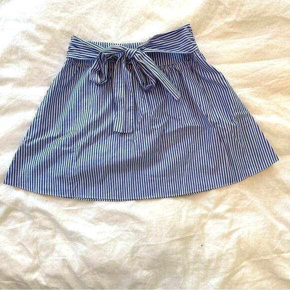 Blue and White Striped A-Line Skirt with Bow at Waist - Picture 2 of 6